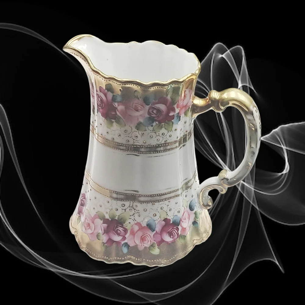 Large Handpainted Nippon Pitcher with Gold and Pink Roses